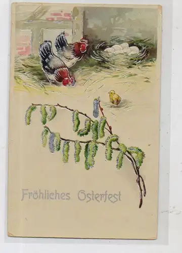 OSTERN - Hühner mit Eiern und Kükem, Präge-Karte / embossed / relief