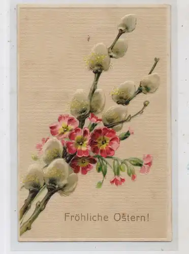OSTERN - Blumen / Eichkätzchen, Präge-Karte / embossed / relief
