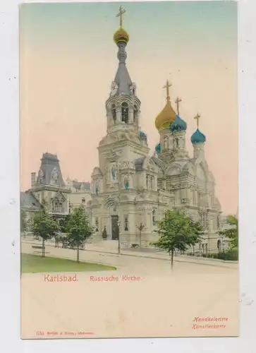 BÖHMEN & MÄHREN - KARLSBAD / KARLOVA VARY, Russische Kirche, Golddruck, handcolorierte Künstler-Karte, ca. 1900