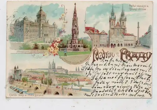 CZ 110 00 PRAHA / PRAG, Lithographie 1898, Museum des Königreich Böhmen, Karlsbrücke, Theynkirche.....