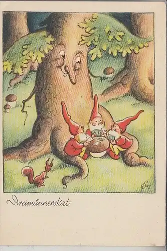 ZWERGE / Gnome - "Dreimännerskat, Künstler-Karte Ernst Lanz
