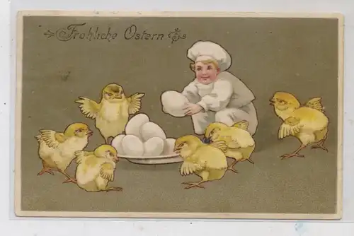 OSTERN - Junge in Kochuniform mit Küken und Eiern, Präge-Karte, embossed, relief, 1911