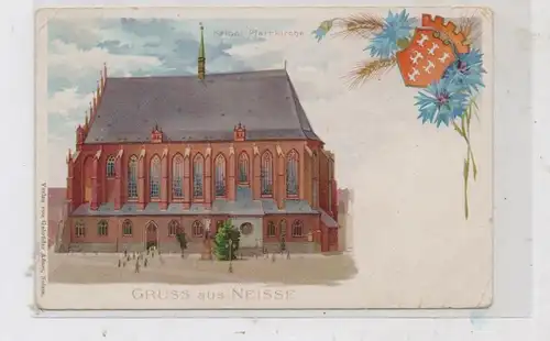 OBER-SCHLESIEN - NEISSE / NYSA, Lithographie, Katholische Stadtkirche, Stadtwappen, kl. Randmängel