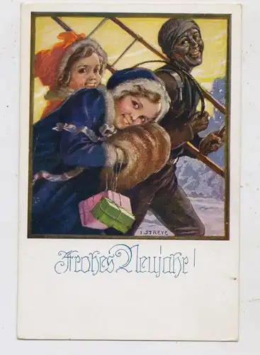 NEUJAHR - Künstler-Karte J. Streyc, Mädchen mit Schornsteinfegerin / Chimney Sweep / Ramoneur