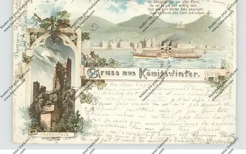 5330 KÖNIGSWINTER, Lithographie 1899, Drachenfels, Rheindampfer vor Königswinter, kl. Knick