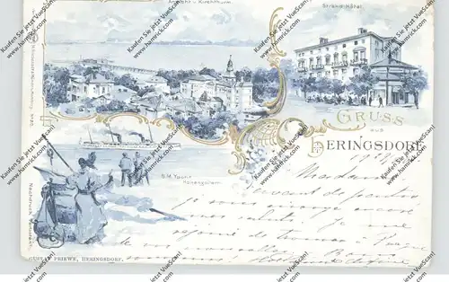0-2255 HERINGSDORF / Usedom, Lithographie 1901, Strand Hotel, Gesamtansicht, S.M.Yacht Hohenzollern, kl. Einriss