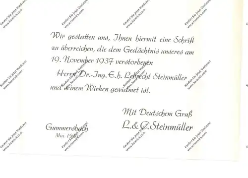 5270 GUMMERSBACH, Fa. Steinmüller zum Gedenken an Dr. Ing. Lebrecht Steinmüller, 1874 - 1937