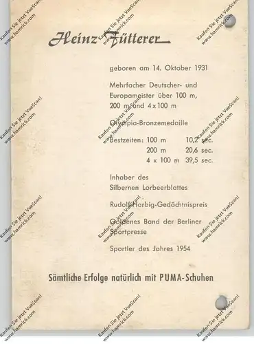 SPORT - LEICHTATHLETIC - SPRINT, HEINZ FÜTTERER, Autogramm, Lochung, PUMA-Werbekarte