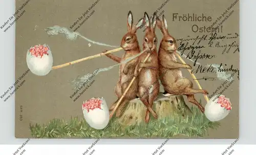 OSTERN - Pfeiferauchende Hasen, 1909, Präge-Karte, embossed, relief