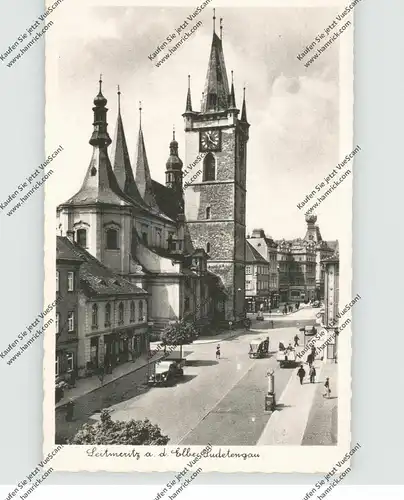 BÖHMEN & MÄHREN - LEITMERITZ / LITOMERICE, Stadtkirche und Strassenpartie, Tankstelle - Tanksäule, LKW