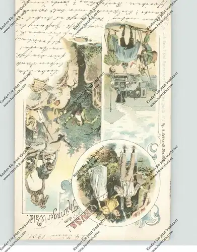 HUMOR - Gruss aus dem Thüringer Wald, Lithographie 1901, humoristische Abbildungen, Trachten