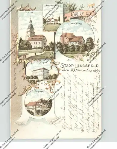 0-6205 DERMBACH - STADTLENGSFELD, Lithographie 1897, Schützenburg, Alte Burg, Schule, Kirche, Schloß