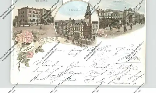 0-6500 GERA, Lithographie 1897, Bahnhof, Reichsbank, Reichspost