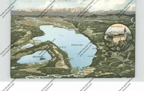 8138 ANDECHS, Panoramakarte mit Ammersee, Wörthsee, Pilsensee und Wettersteingebirge