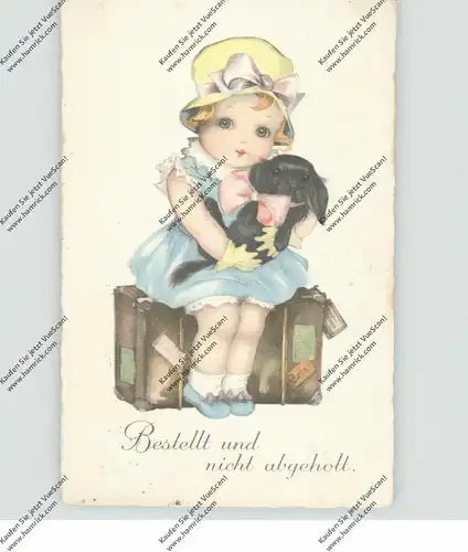 KINDER - Mädchen mit kleinem Hund auf Koffer wartend, 1936