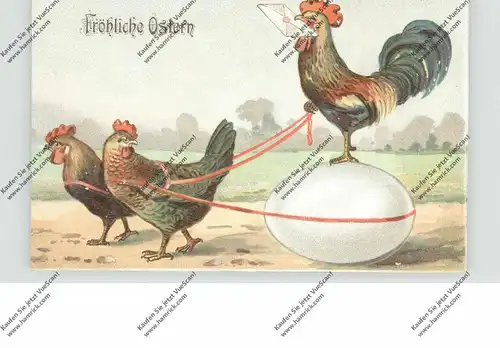 OSTERN - EIERKUTSCHE, Hahn und Hennen, Präge-Karte, embossed, relief