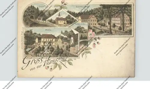 0-6840 PÖSSNECK, Lithographie, Gruss von der Harrasmühle, Tunnel, Mühle, Todten-Stein, Sommerfrische, Fridolin-Kapelle
