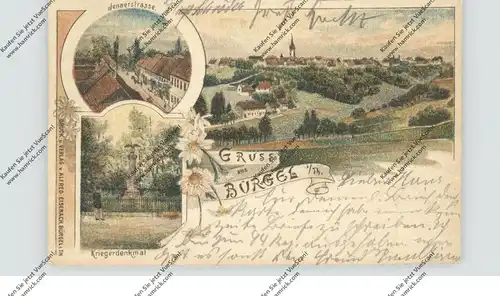 0-6522 BÜRGEL, Lithographie 1899, Jenaerstrasse, Kriegerdenkmal, Gesamtansicht