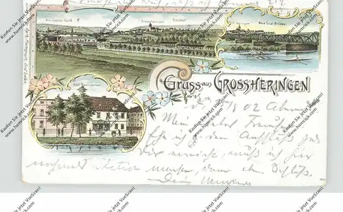 0-5321 GROSSHERINGEN, Lithographie, Warenhaus Baumgarten, Bahnhof, Neue Brücke, Ruderer