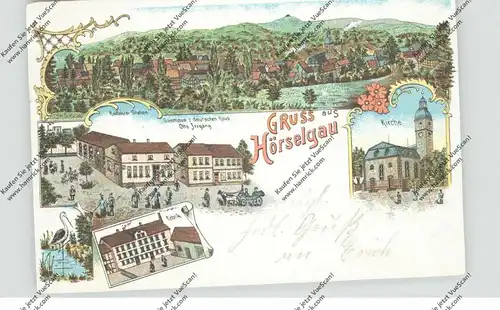 0-5801 HÖRSEL - HÖRSELGAU, Lithographie, Radfahrer Station, Gasthaus z. deutschen Haus, Fabrik, Kirche, Gesamtansicht