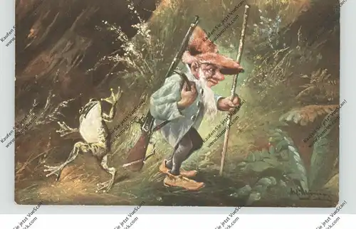 ZWERGE / Gnome / Dwarfs / Nani - Zwerg und Frosch, Künstler-Karte Schönian, Theo Stroefer Nürnberg