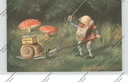 ZWERGE / Gnome / Dwarfs / Nani - Zwerg und Schneckenpost, Künstler-Karte Schönian, Theo Stroefer Nürnberg