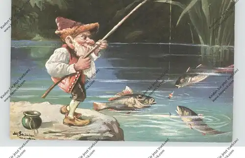 ZWERGE / Gnome / Dwarfs / Nani - angelnder Zwerg, Künstler-Karte Schönian, Theo Stroefer Nürnberg