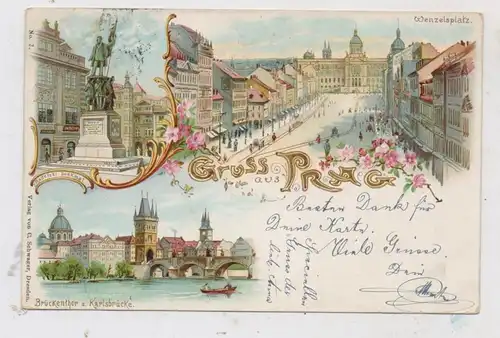 CZ 110 00 PRAHA / PRAG , Lithographie 1898, Wenzelsplatz, Radetzki-Denkmal, Brückentor - Karlsbrücke