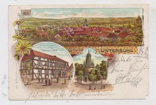 0 - 5904 GERSTUNGEN - UNTERSUHL, Lithographie, Gastwirtschaft Mohr, Kirche, Gesamtansicht, Eckfehler