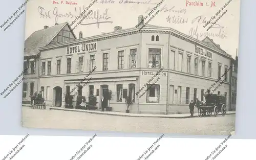 0-2850 PARCHIM, Hotel-Union und Weinhandlung, belebte Szene, 191...