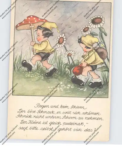 KINDER - Künstler-Karte Margarete Palu, Kinderpaar mit Pilz im Regen
