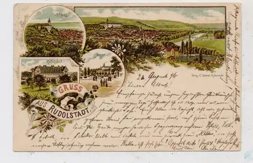 O-6820 RUDOLSTADT, Lithographie 1896, Schloß, Anger, Rudolsbad, Gesamtansicht, kl. Druckstelle