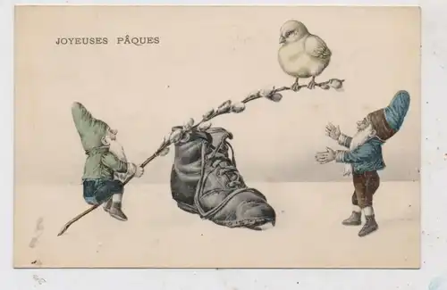 OSTERN - ZWERGE / Gnome / Dwarfs / Nani, Wippe mit Küken und altem Schuh, Wiener Kunst