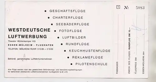 4330 MÜLHEIM / Ruhr, WESTDEUTSCHE LUFTWERBUNG, Wüllenkemper KG, Rundflug-Ticket, frühe 60er Jahre