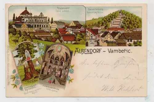 NIEDER-SCHLESIEN - ALBENDORF / WAMBIERZYCE (Glatz), Lithographie Calvarienberg, Kirche, Innenansicht, Marienbild