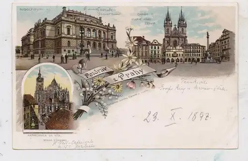 CZ 110 00 PRAHA / PRAG , Lithographie 1892, Rudolfinum, Teinkirche, St. Veit - Kathedrale