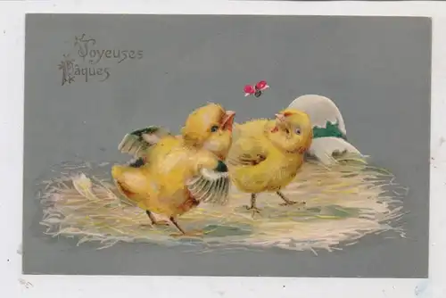 OSTERN - 2 Küken mit Marienkäfer, Präge-Karte, embossed / relief, ca. 1905