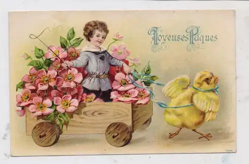 OSTERN - Küken zieht Blumenwagen, Präge-Karte, embossed / relief, 1908