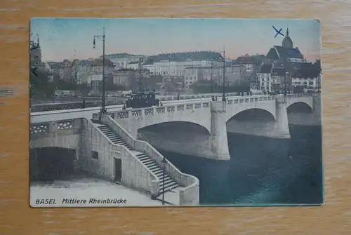 CH 4000 BASEL, Mittlere Rheinbrücke mit Strassenbahn - Tram, Kugelschreiberkreuz