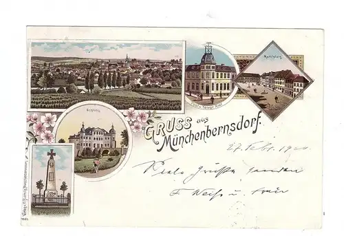 0-6515 MÜNCHENBERNSDORF, Lithographie, Post- / Telegraphenamt, Marktplatz, Kriegerdenkmal...., seitlich beschnitten