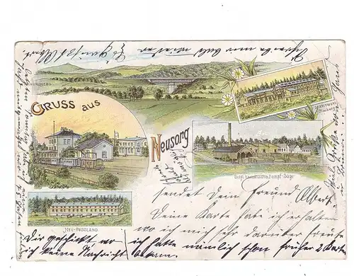 8591 NEUSORG, Lithographie, Granitwerk, Bahnhof, Dampf-Sägewerk, Neu-Russland, leichter Knick