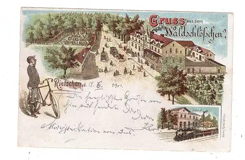 0-7584 RIETSCHEN, Lithographie, Bahnhof, Ausflugslokal Waldschlösschen, Radfahrer