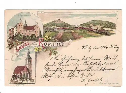 0-6102 RÖMHILD, Lithographie 1899, Kriegswaisenhaus, Stadtkirche, Ortsansicht