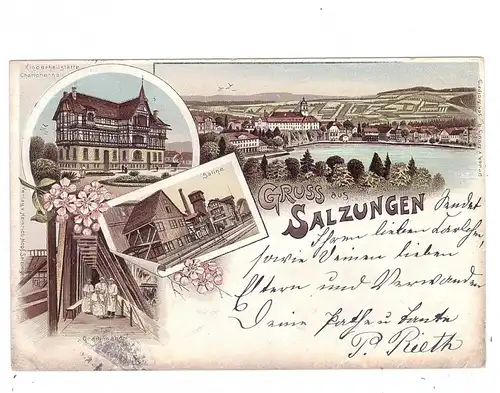 0-6200 BAD SALZUNGEN, Lithographie 1898, Saline, Kinderheilstätte, Ortsansicht, Druckstelle rechts oben
