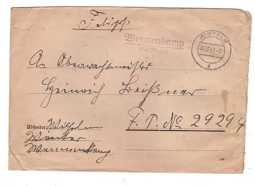 3260 RINTELN, Postgeschichte, Feldpostbrief 1941 mit Landpoststempel Wennenkamp über Rinteln