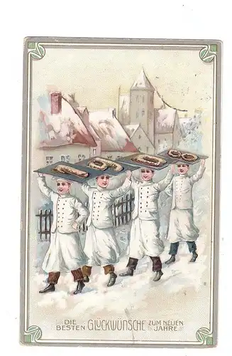 NEUJAHR - Bäcker tragen die 1908 auf Kuchenblechen, Präge-Karte, embossed, relief