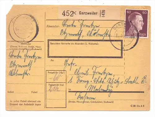 4053 JÜCHEN - GARZWEILER, Postgeschichte, Paketkarte, 1944