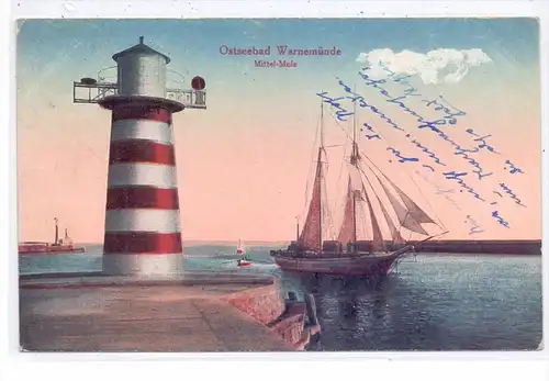 0-2500 ROSTOCK -WARNEMÜNDE, Mittel-Mole, Leuchtturm, Segelschiff, 1920