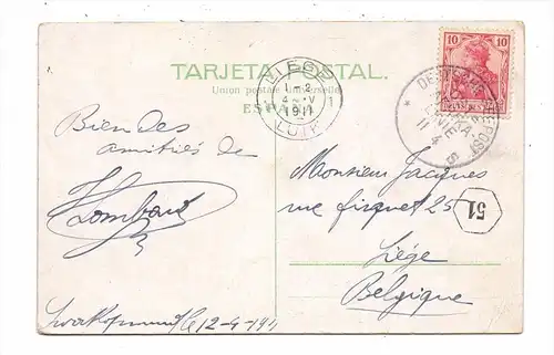 E 35000 LAS PALMAS, Plaza de Sta. Ana, Deutsche Seepost, Ostafrikanische Linie, 1911, nach Lüttich befördert