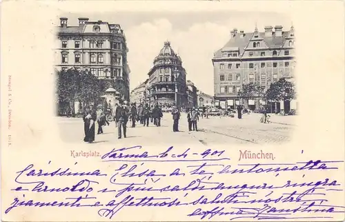 8000 MÜNCHEN, Karlsplstz, belebte Szene, 1901, Verlag; Stengel